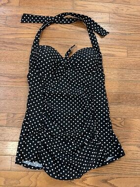 Merona Black White Polka Dot One Piece Swimsuit Halter Ruched Medium